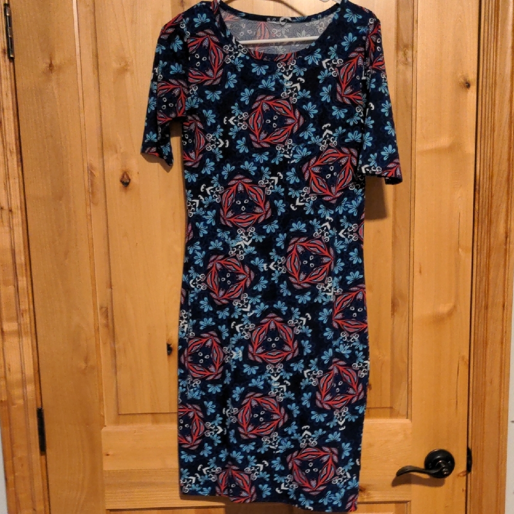 LuLaRoe Blue and Red Patterned Midi Dress